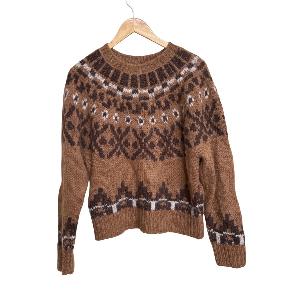 FRAME Fair Isle Alpaca Blend Sweater Camel Multi Brown Crew Neck Pullover Medium